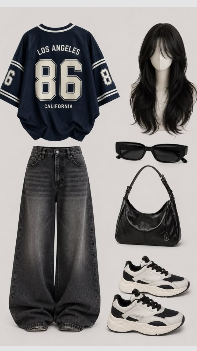 Flat lay of a casual outfit with a varsity shirt and wide leg jeans