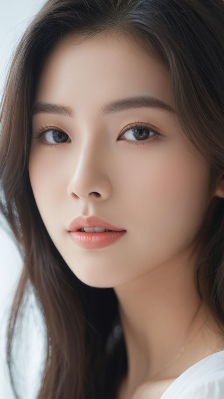 Close-up portrait of a woman with long brown hair and soft lighting