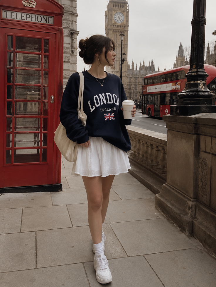 Woman in a London sweatshirt and white skirt on a street with Big Ben in the background