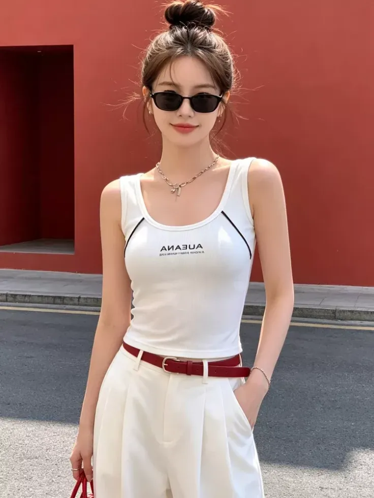Woman in a white tank top and sunglasses with a red belt outdoors