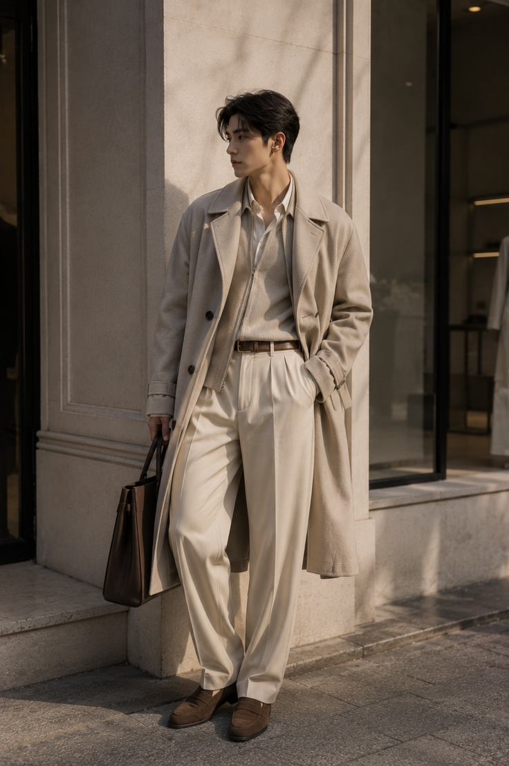 Man in a cream long coat and pants holding a brown bag outdoors