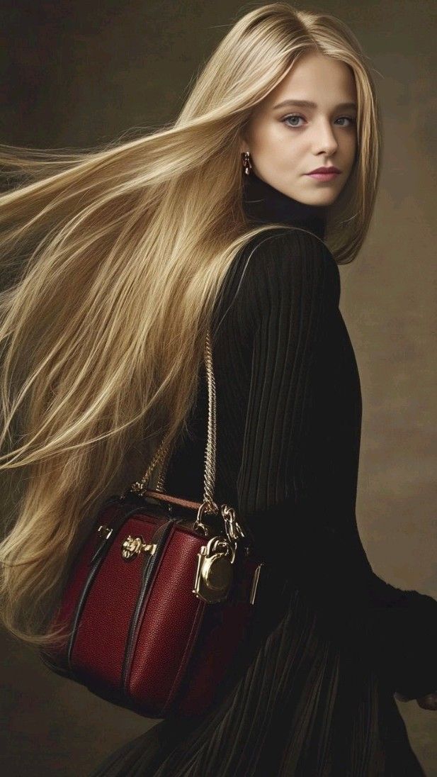 Woman with long blonde hair wearing a black turtleneck and carrying a red handbag