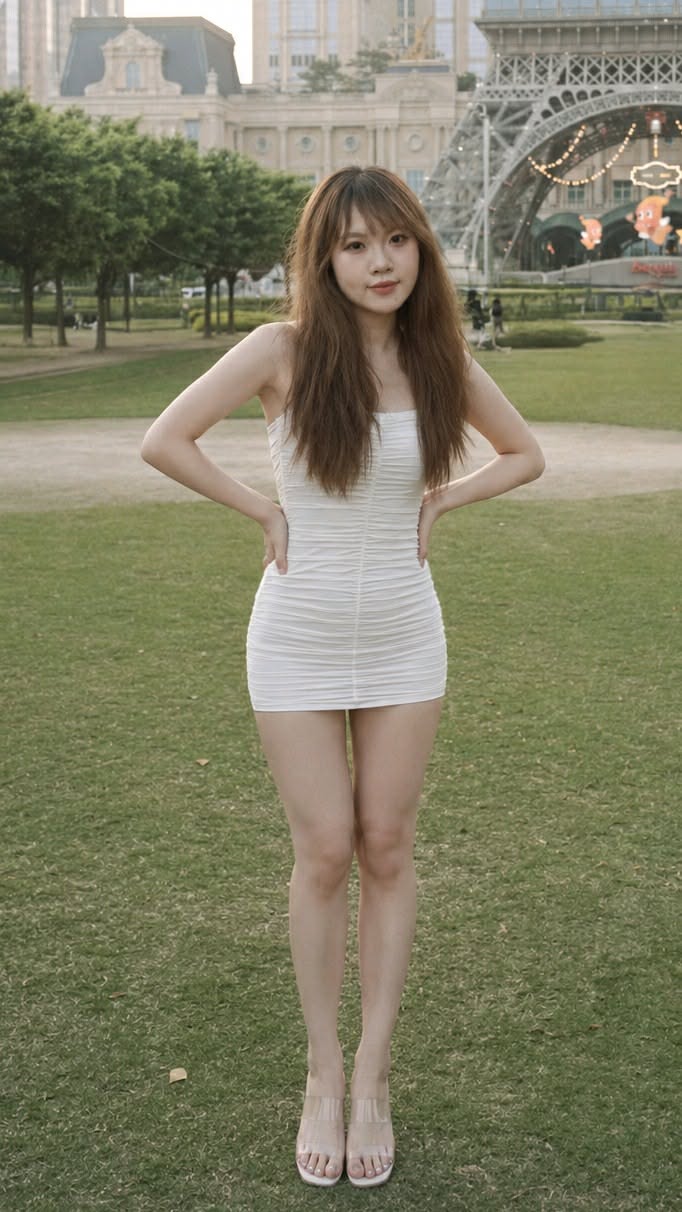 Woman in a white strapless dress standing on green grass outdoors