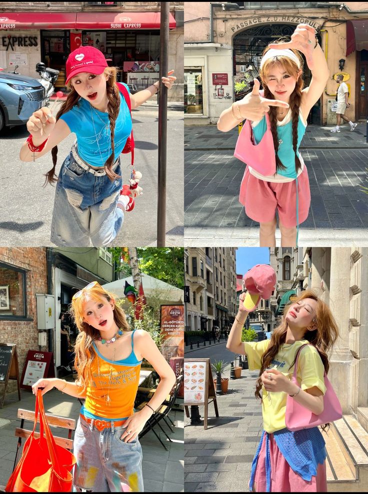 Four women in colorful outfits posing on a city street during the day