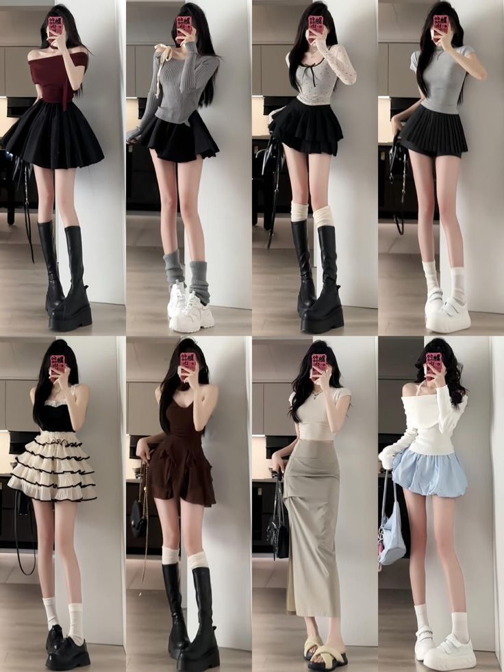 Multiple women in various outfits featuring mini skirts and platform shoes