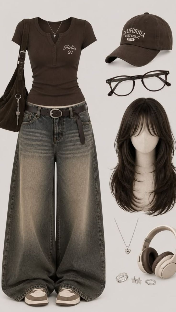 Full body flat lay of a casual outfit with wide leg jeans and a brown t-shirt