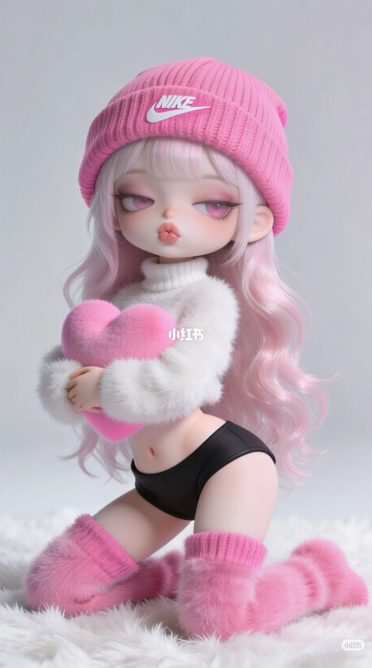 3D render of a doll-like character with pink hair and a pink beanie holding a heart