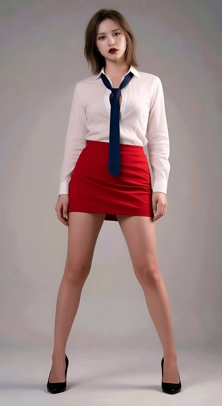 Woman in a white shirt, blue tie, and red mini skirt posing in a studio
