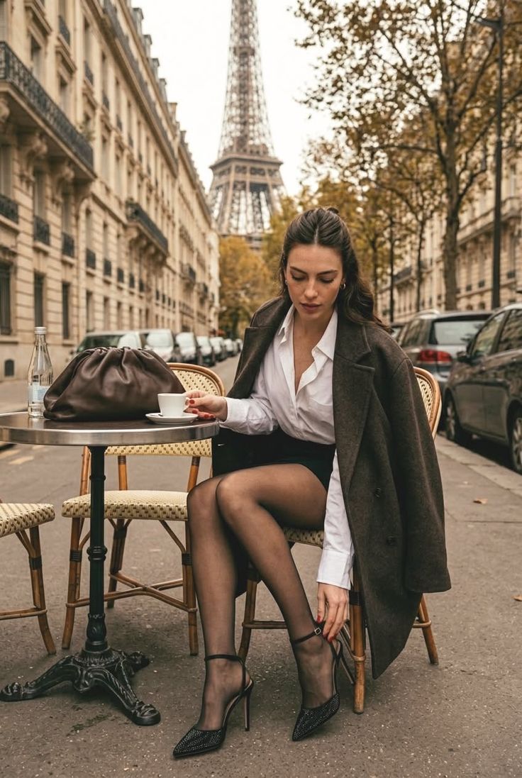 Woman in a brown coat and black tights sitting at an outdoor cafe with the Eiffel Tower in the background
