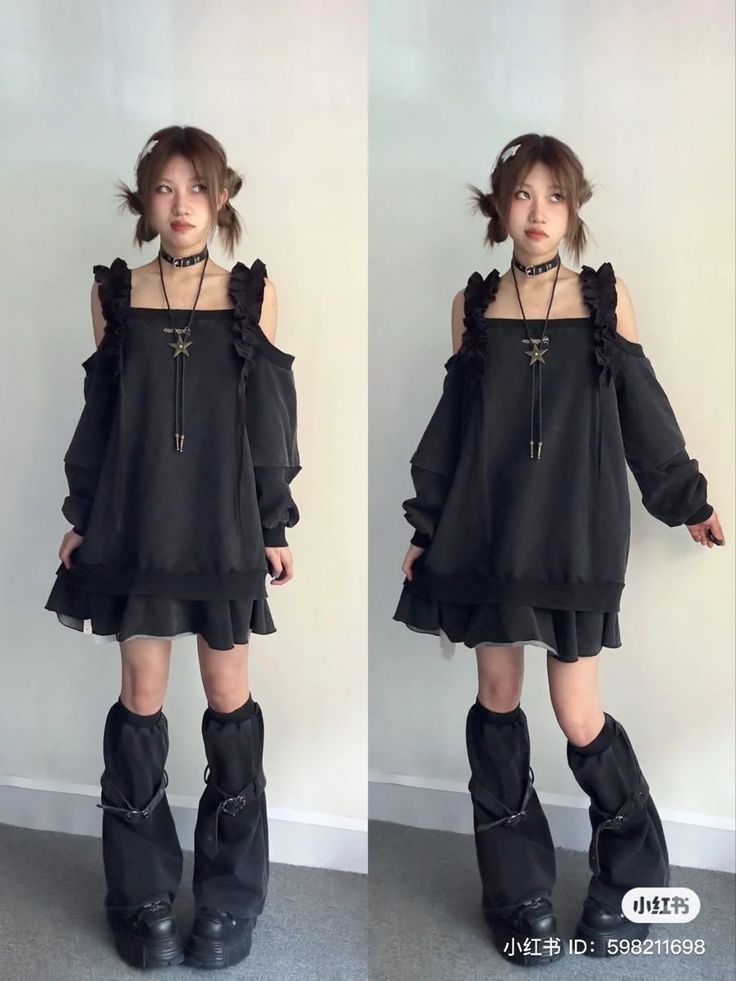Woman in a black off-shoulder dress with pigtails and platform shoes