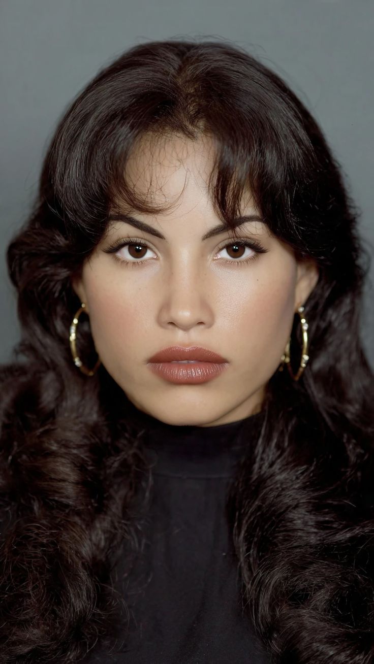 Woman with long dark hair and hoop earrings in a studio portrait