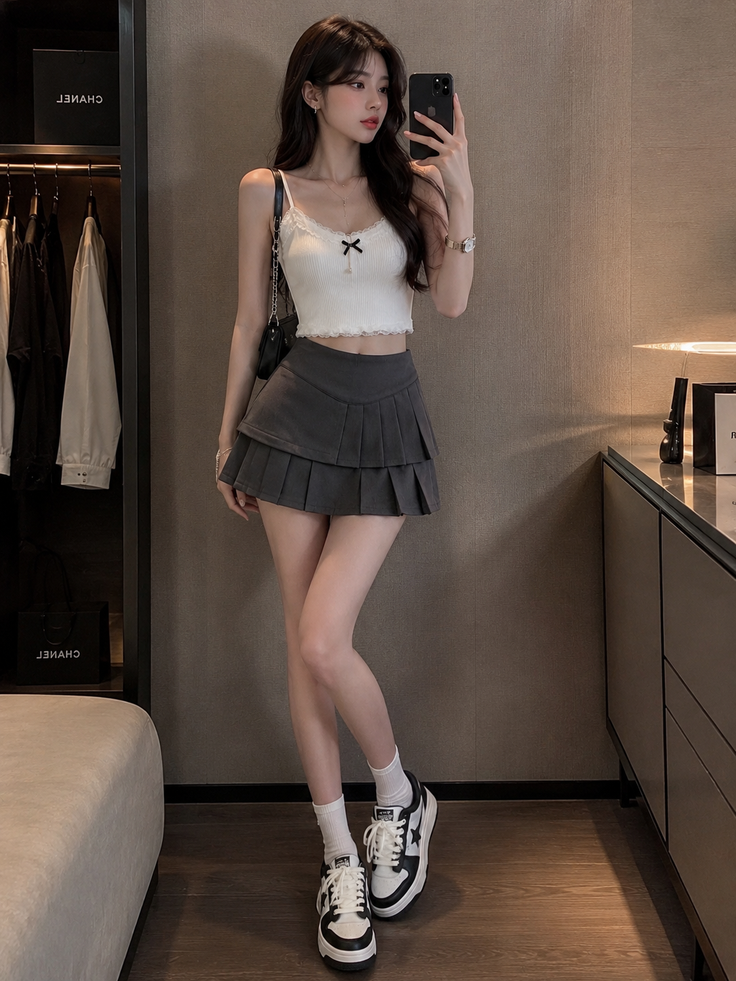 Woman in a white crop top and pleated skirt taking a mirror selfie indoors
