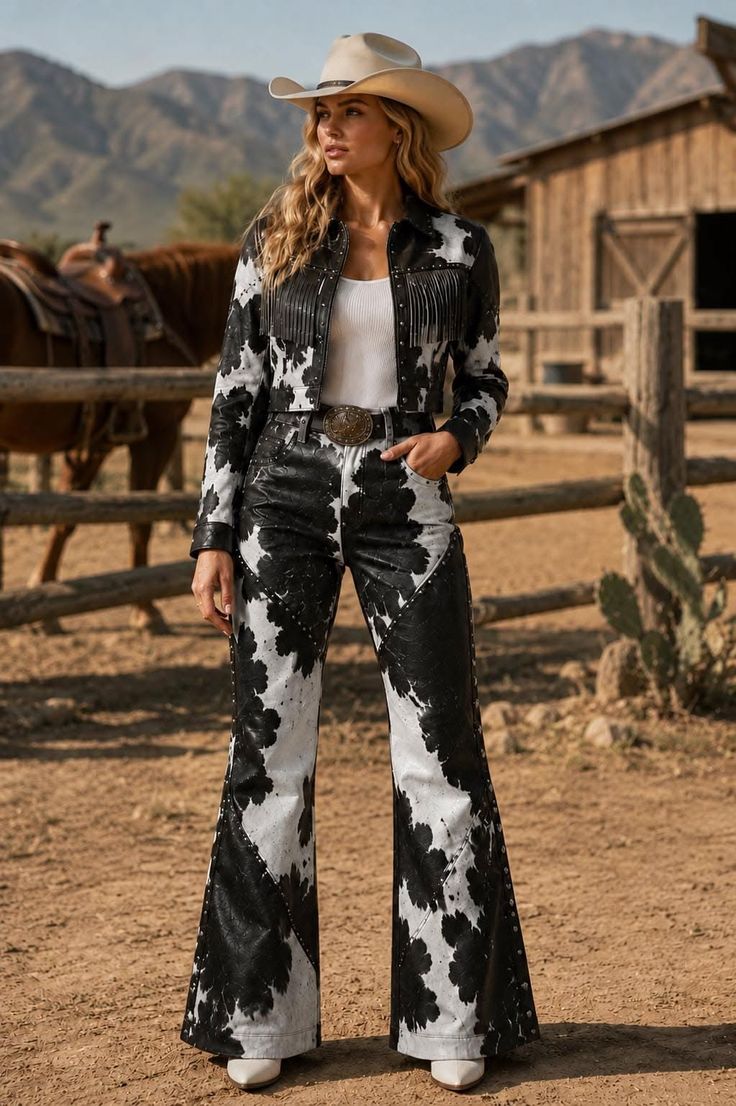 Woman in a cow print outfit and cowboy hat at a ranch