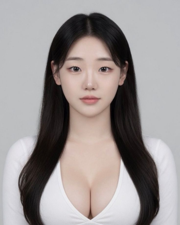 Woman with long black hair wearing a white top with visible cleavage