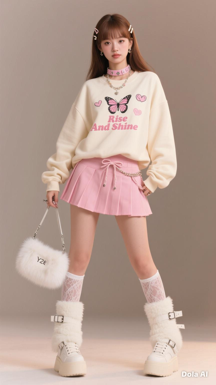 Woman in a pink pleated skirt and cream sweatshirt with a butterfly graphic