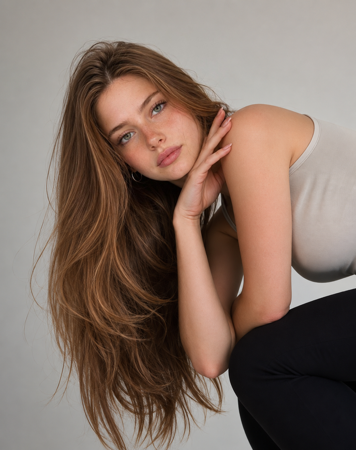 Woman with long brown hair and freckles wearing a tank top in a studio