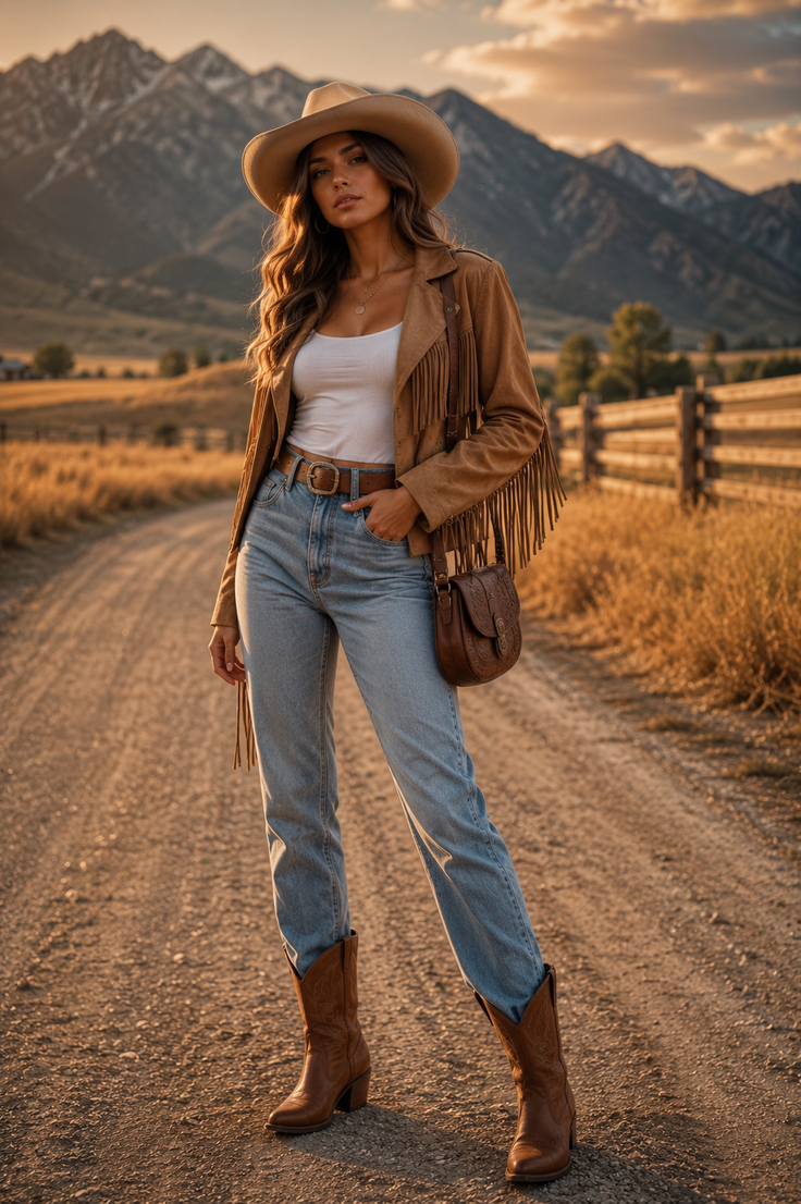 Woman in a cowboy hat and fringe jacket on a dirt road with mountains in the background
