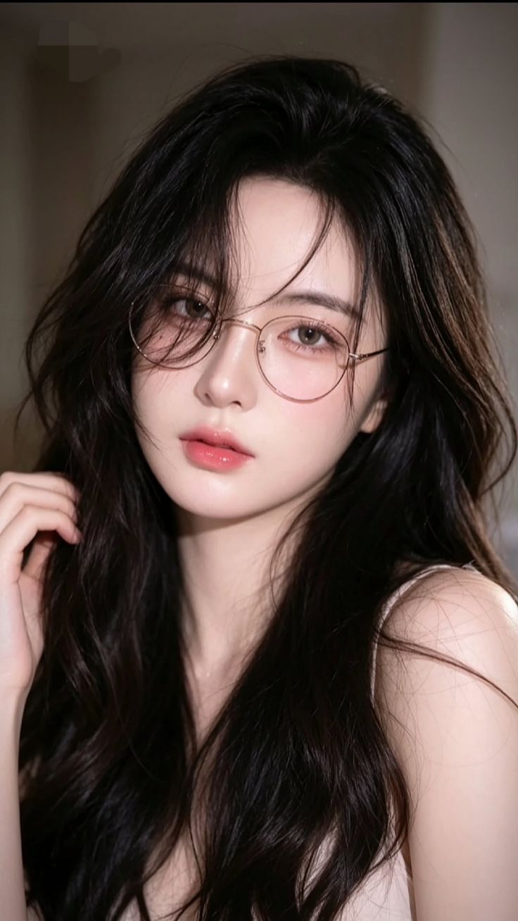 Woman with long black hair and glasses in a soft lighting portrait