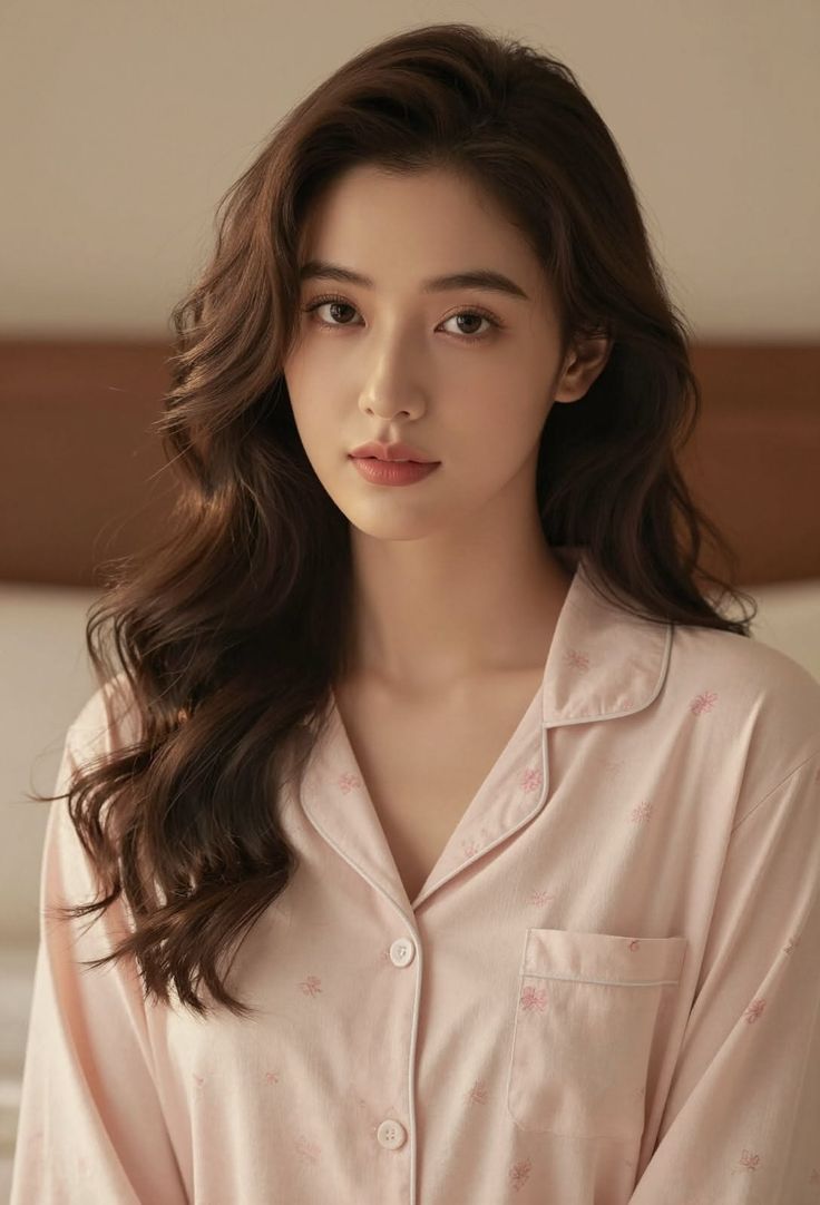 Woman with long wavy hair wearing pink pajamas indoors