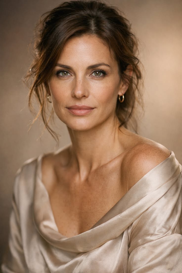 Woman with brown hair and green eyes wearing a draped top