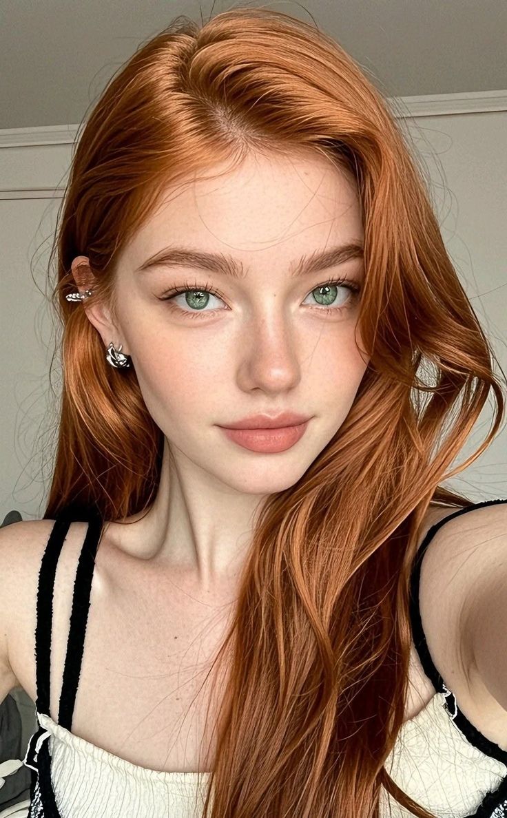 Woman with long red hair and green eyes wearing earrings