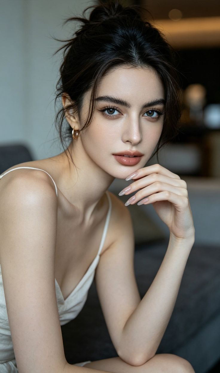 Woman with dark hair in an updo wearing a white camisole and hoop earrings
