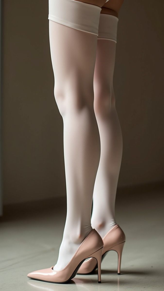 Woman's legs in white stockings and nude high heels indoors