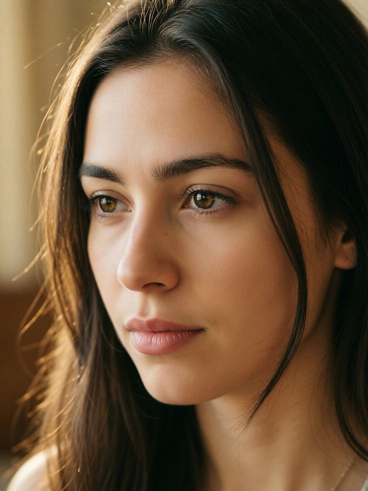 Close up portrait of a woman with long dark hair and brown eyes