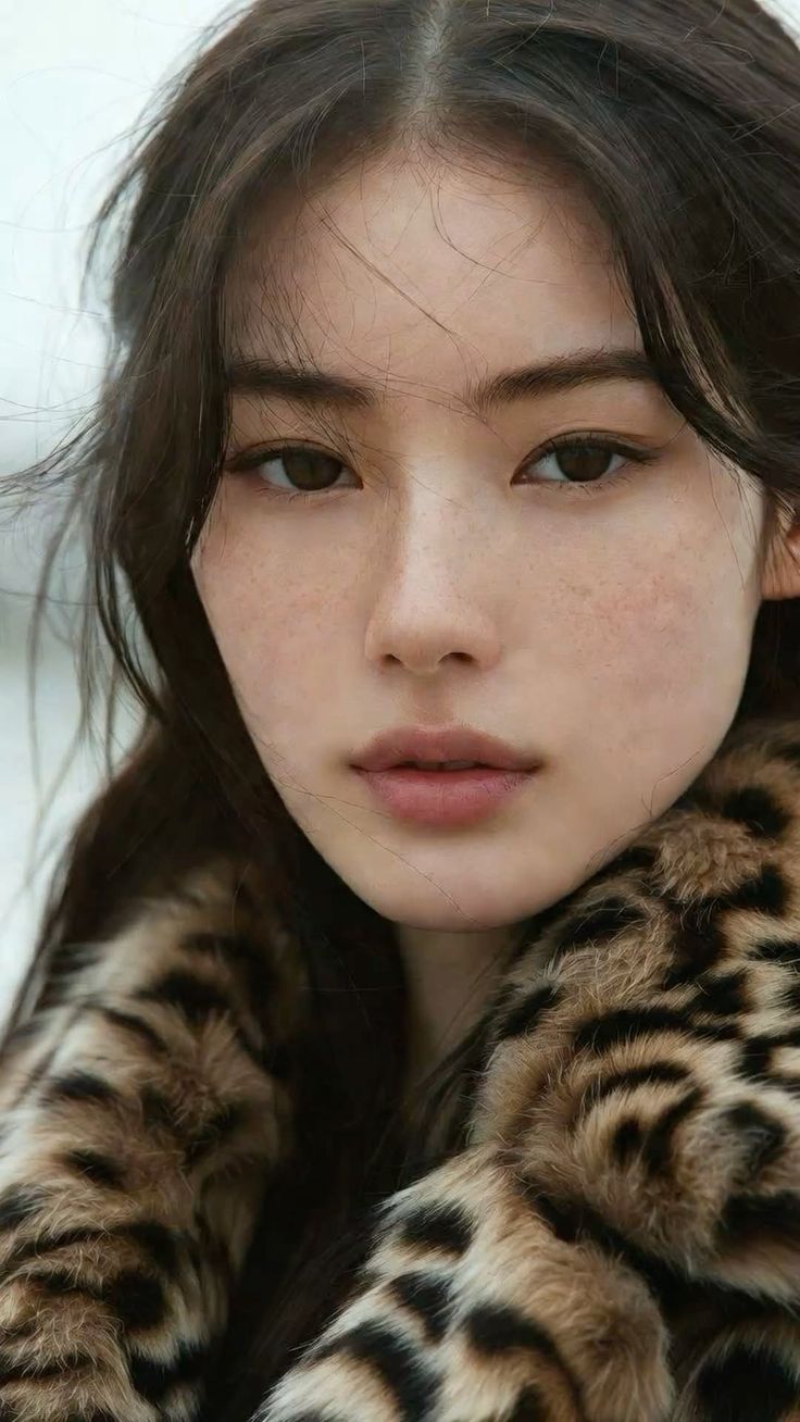 Woman with long hair and freckles wearing a leopard print coat
