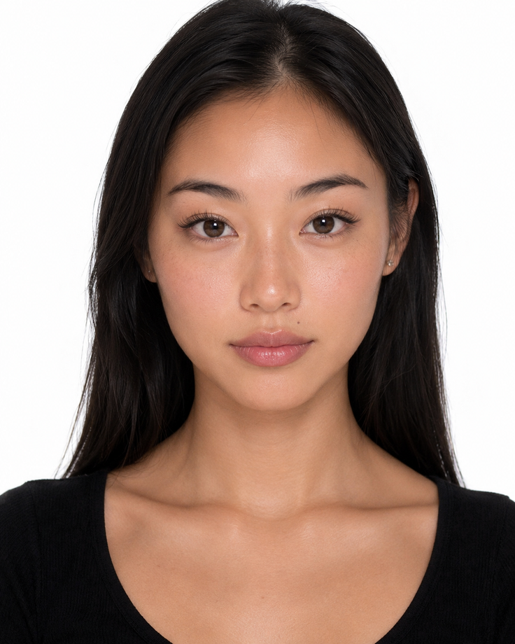 Woman with long black hair wearing a black top in a studio portrait