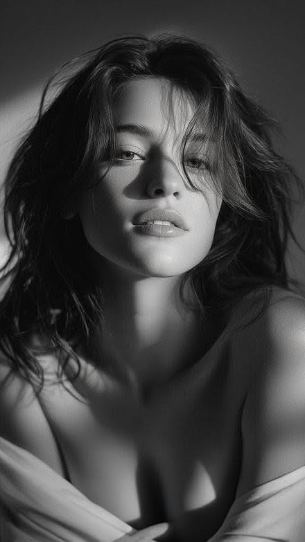 Woman with long hair in dramatic black and white lighting
