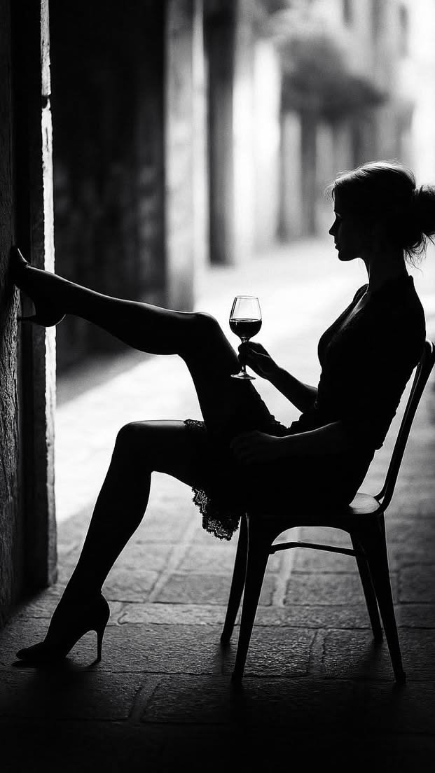 Woman in silhouette holding a wine glass, with one leg raised against a wall