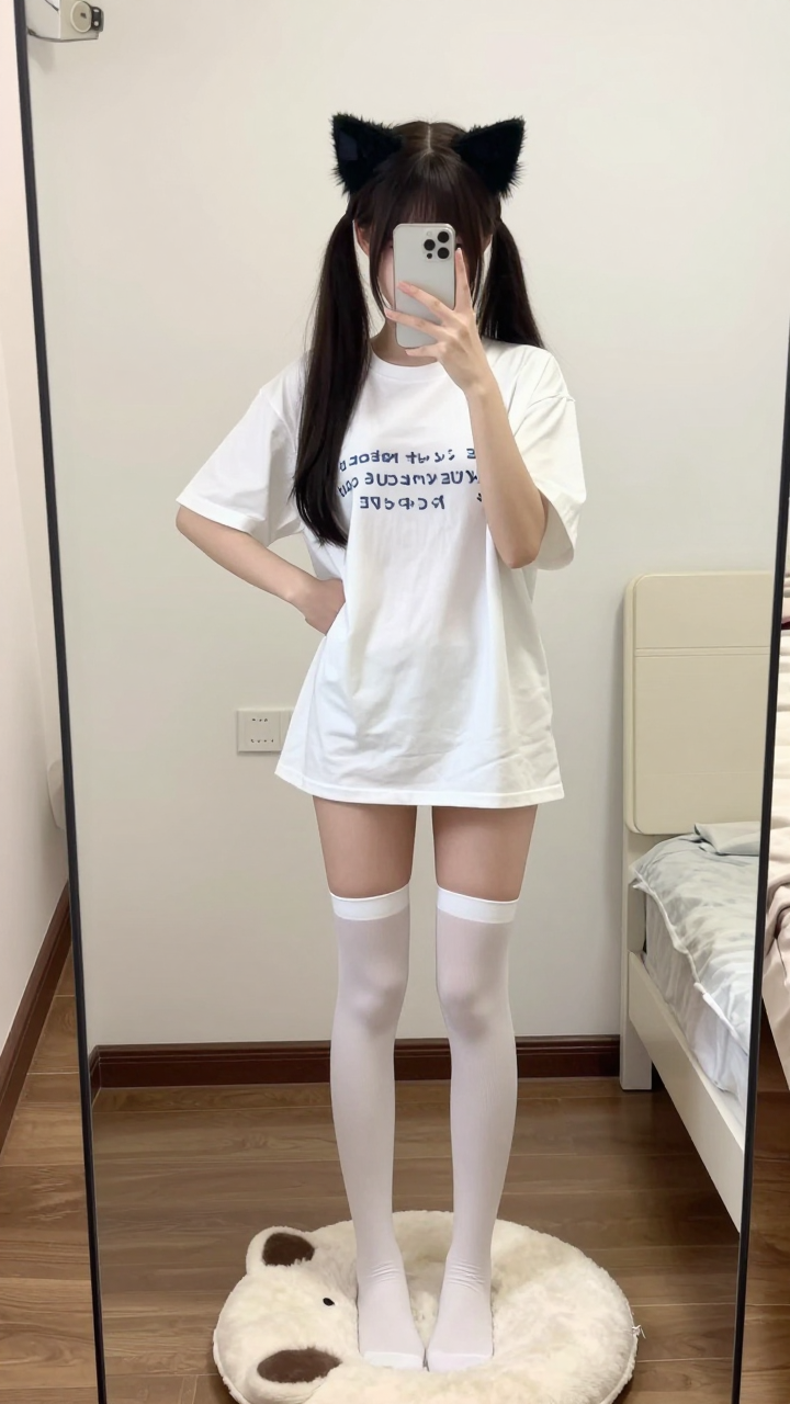 Person in an oversized t-shirt and thigh-high socks with cat ears, taking a mirror selfie