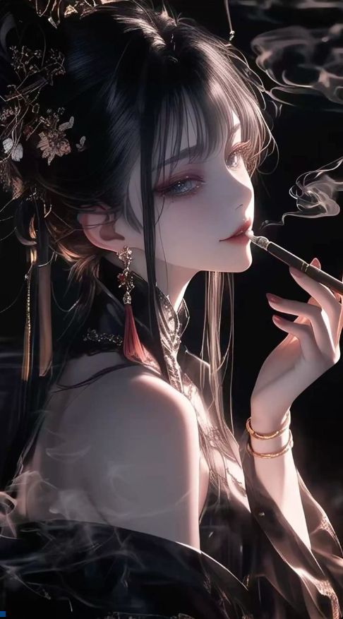 Anime style woman with long black hair and traditional clothing smoking