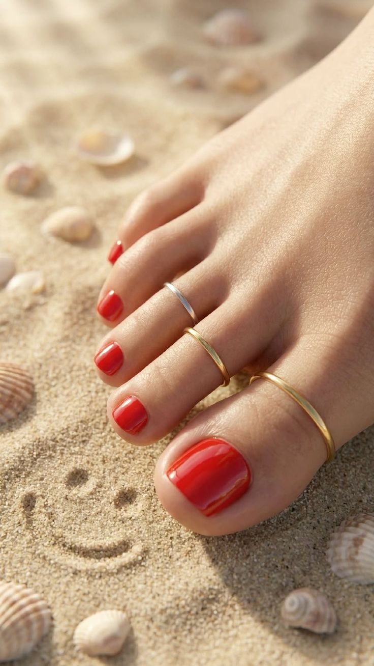 Foot with red nail polish and toe rings on a sandy beach with seashells