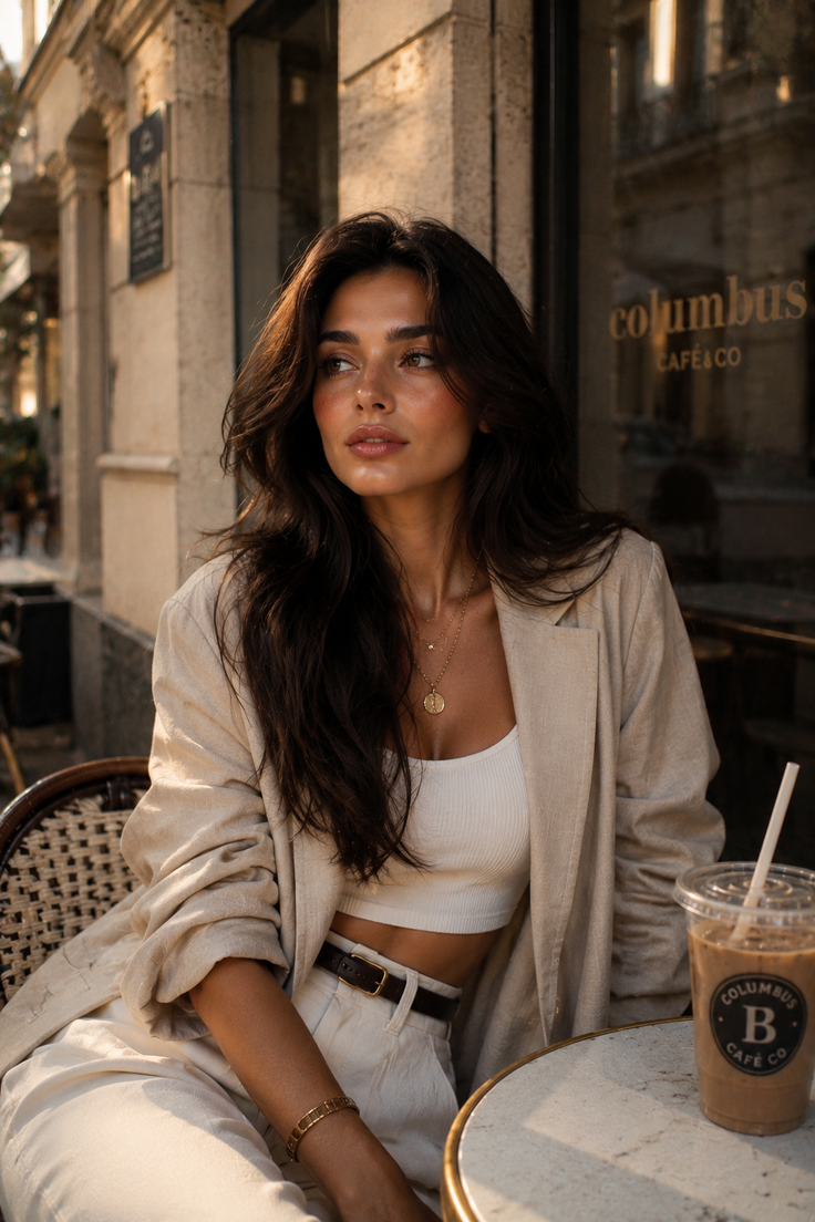 Woman with long dark hair wearing a blazer and crop top at an outdoor cafe