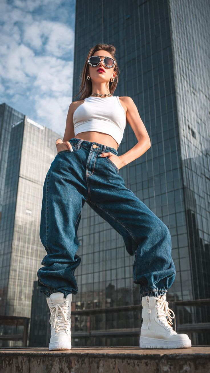 Woman in a white crop top and baggy jeans posing in a cityscape