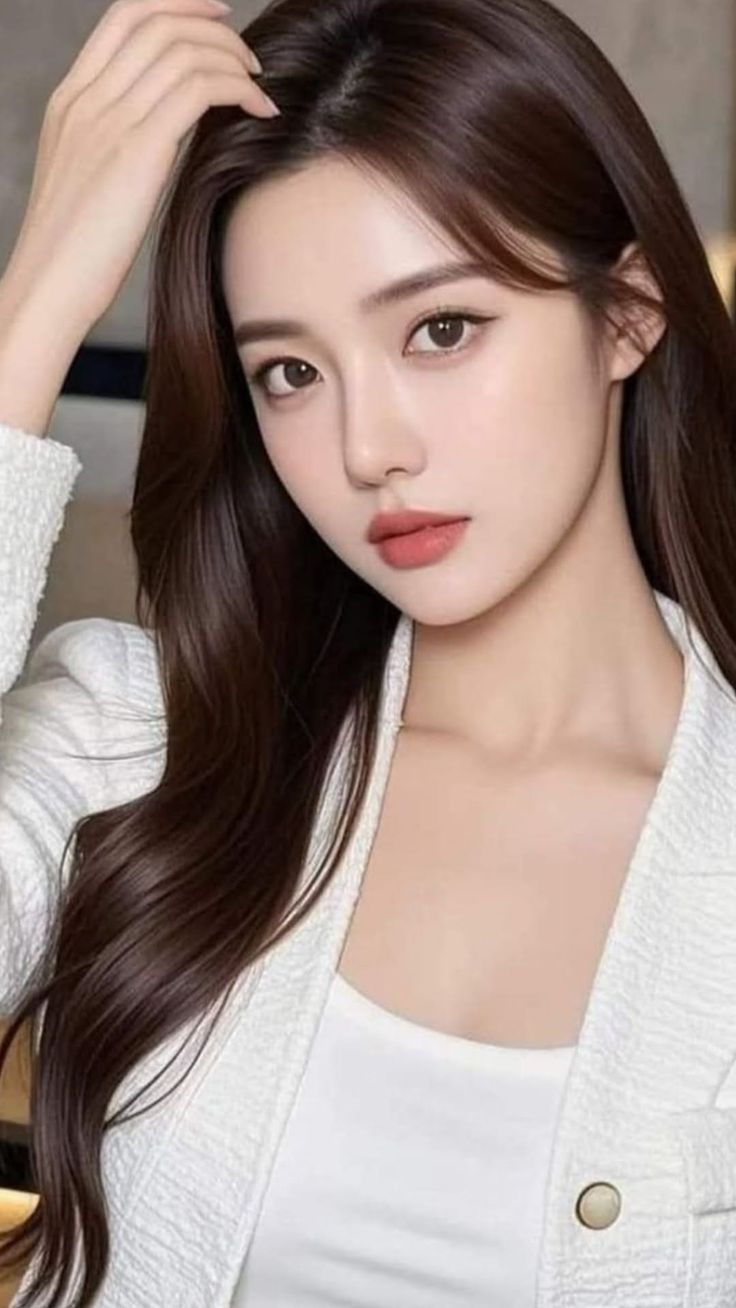 Woman with long brown hair wearing a white jacket, looking directly at the camera