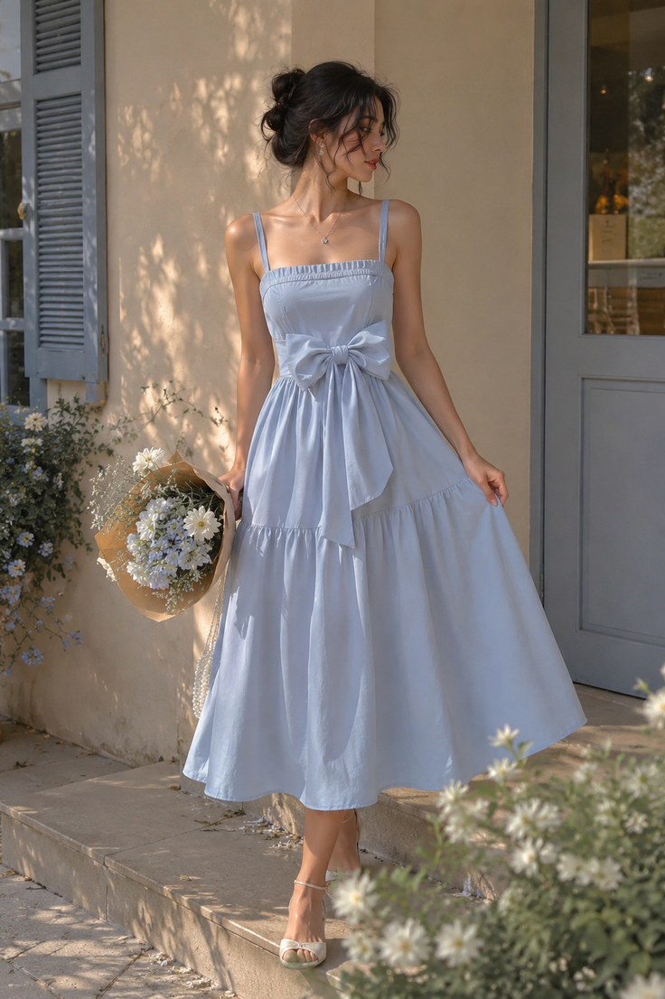 Woman in a light blue dress with a bow holding a bouquet outdoors