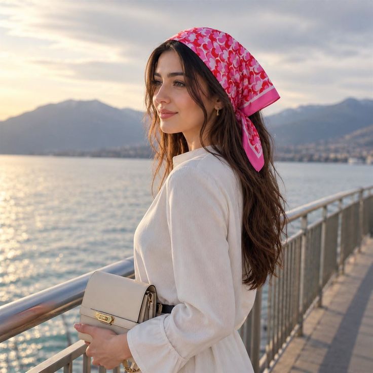 Woman in a white dress and pink headscarf by the sea at golden hour