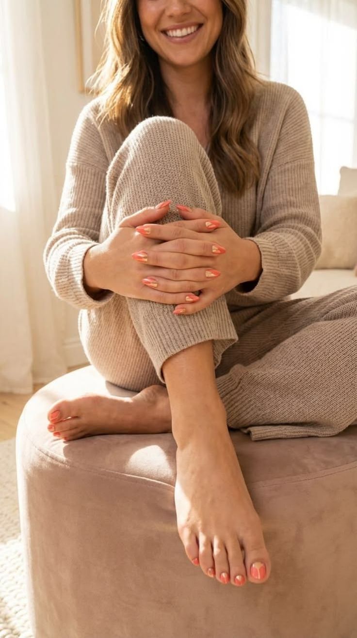 Woman in knitted loungewear with manicured nails and pedicured feet in soft indoor lighting