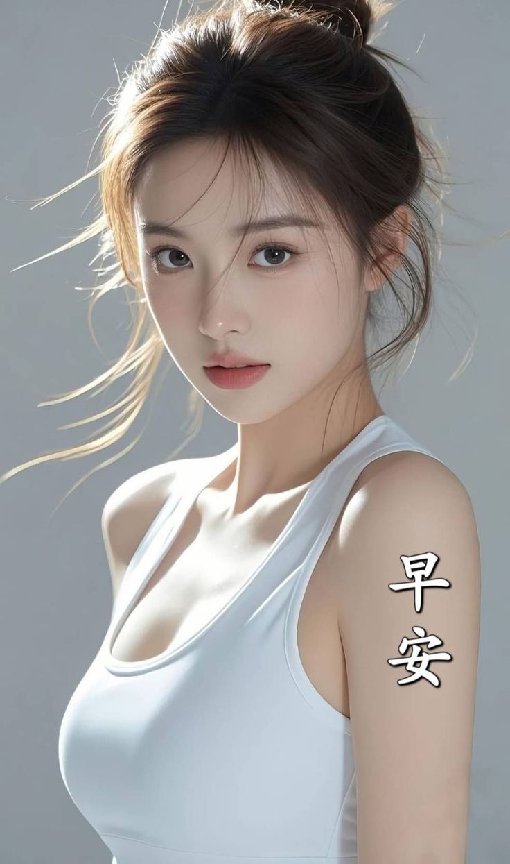 Woman in a white tank top with a messy bun and soft lighting