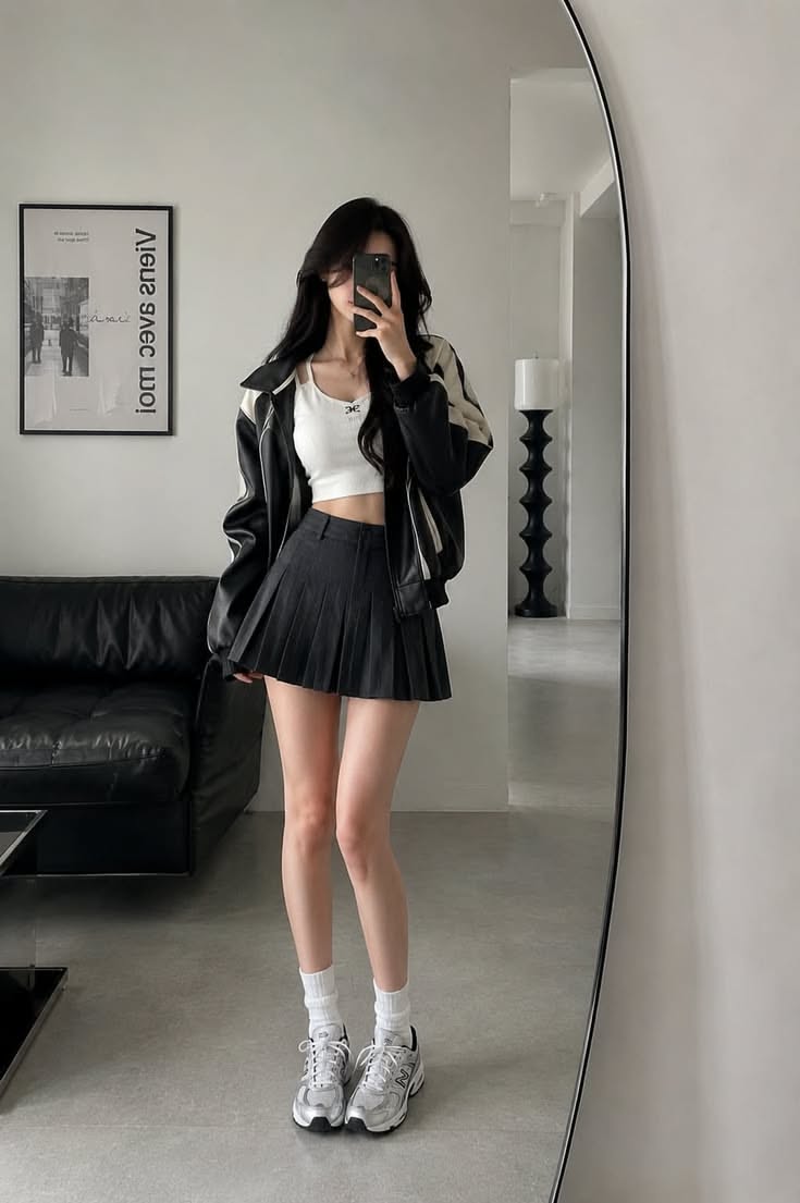 Woman in a pleated skirt and crop top taking a mirror selfie indoors