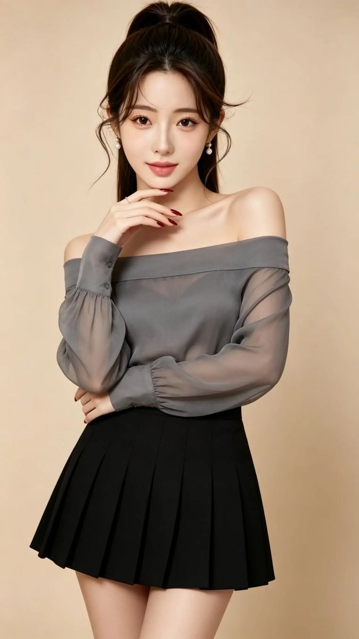 Woman in an off-shoulder top and pleated skirt with a ponytail