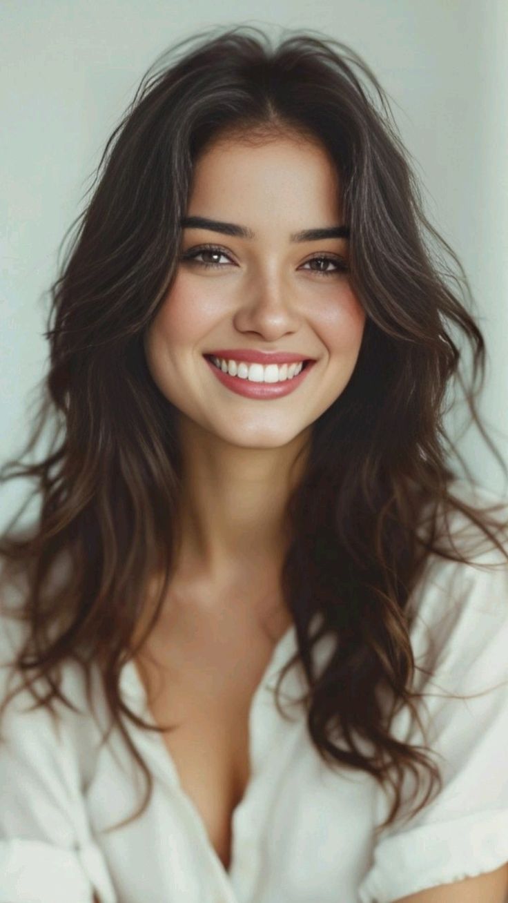 Woman with long brown hair smiling in a white shirt