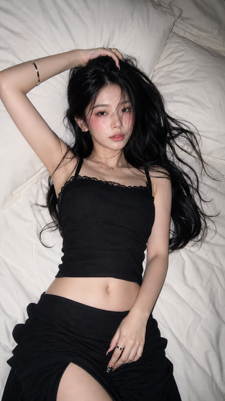 Woman with long black hair lying on a bed in a black top and skirt