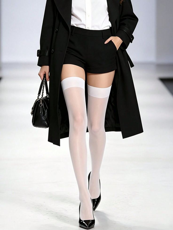 Person in white thigh highs, black shorts, and a trench coat on a runway