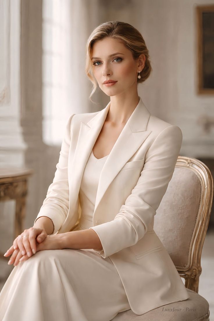 Woman with blonde hair in an updo wearing a cream suit and pearl earrings indoors