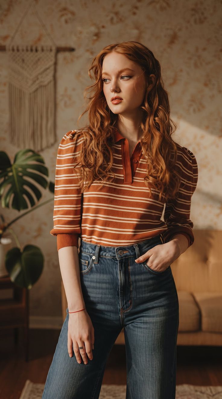 Woman with red hair in a striped shirt and jeans indoors with soft lighting