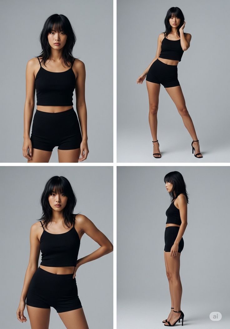 Woman with black hair in a black top and shorts posing in a studio